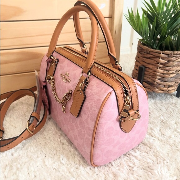 NWT🌸Coach Medium Rowan Satchel Bag In Signature Canvas With Charms Powder Pink - Picture 3 of 7